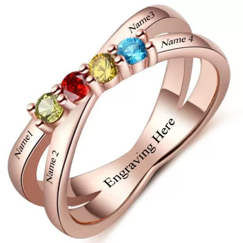 4 Birthstone Gold Mother's Ring Lined Hearts Split Band 4 Names