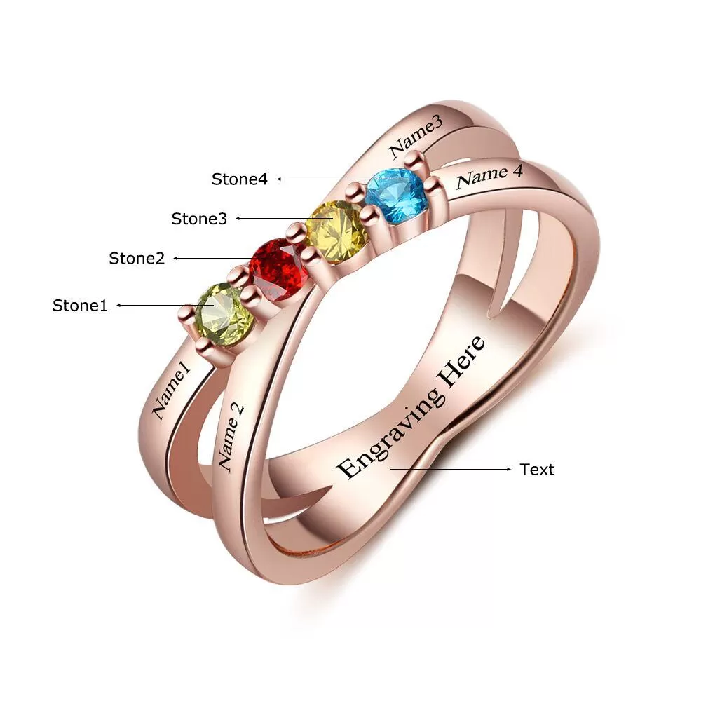 4 Birthstone Gold Mother's Ring Lined Hearts Split Band 4 Names