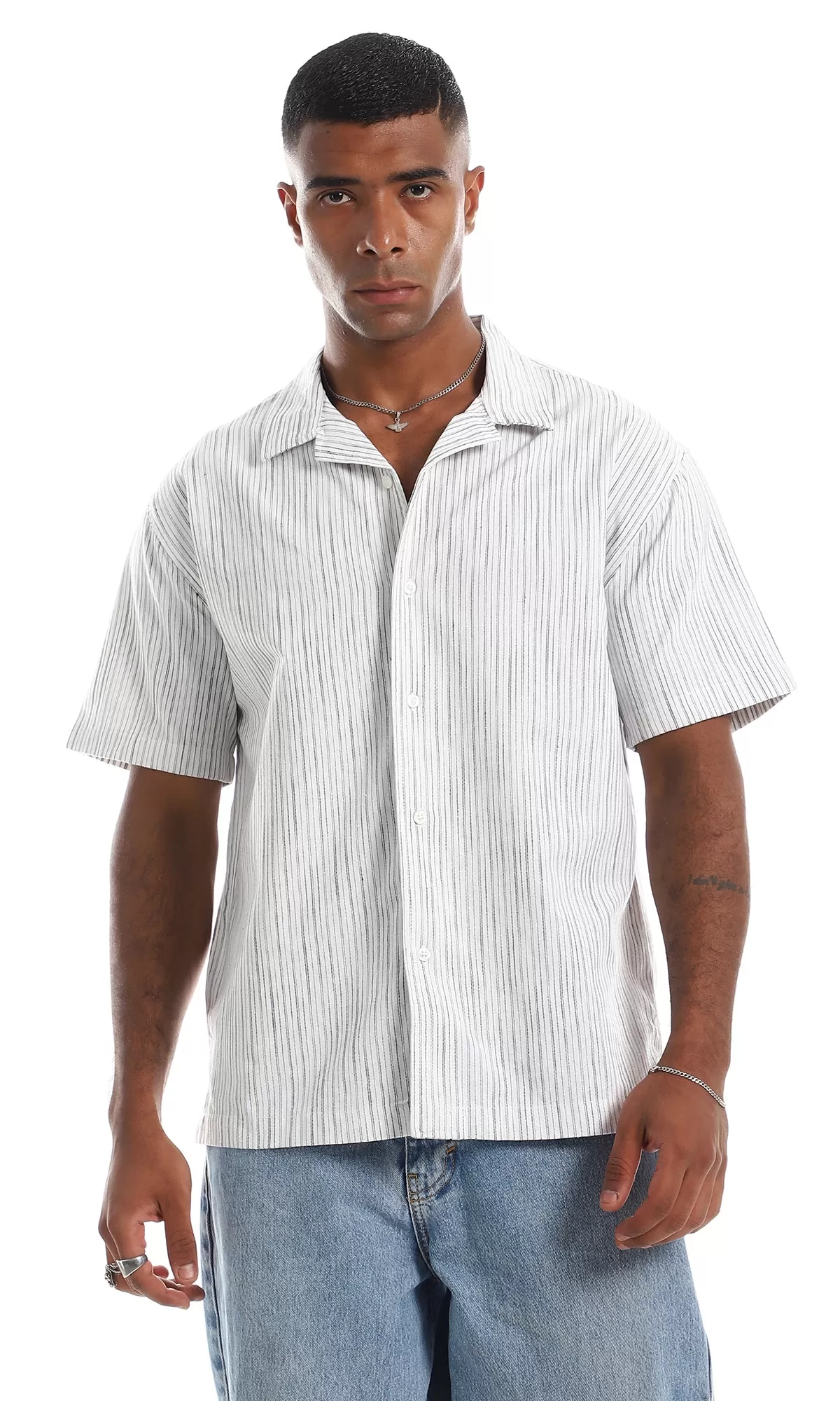 97876 Stripe Patterned Short Sleeves White & Black Button Down Shirt