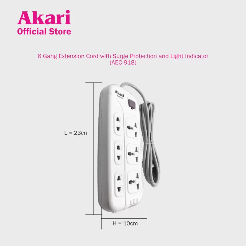 Akari 6 Gang Extension Cord with Surge Protection and Light Indicator (AEC-918)