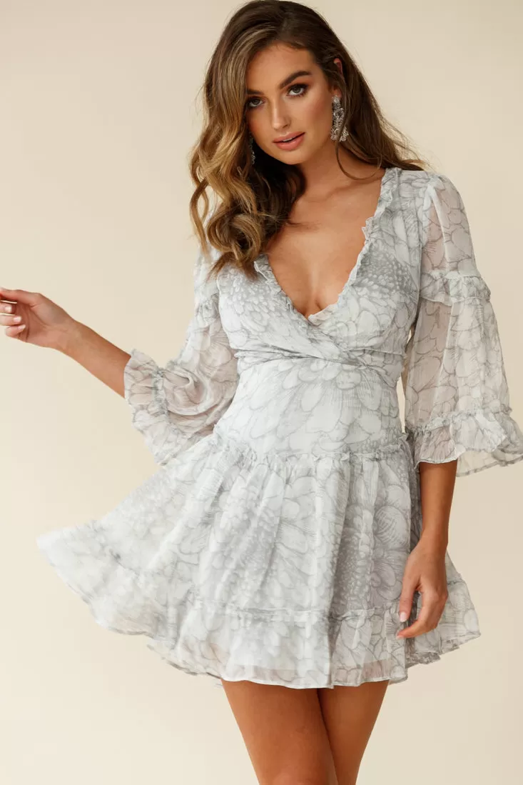 Albany Lace Up Back Frill Dress Chrysanthemum Print Grey