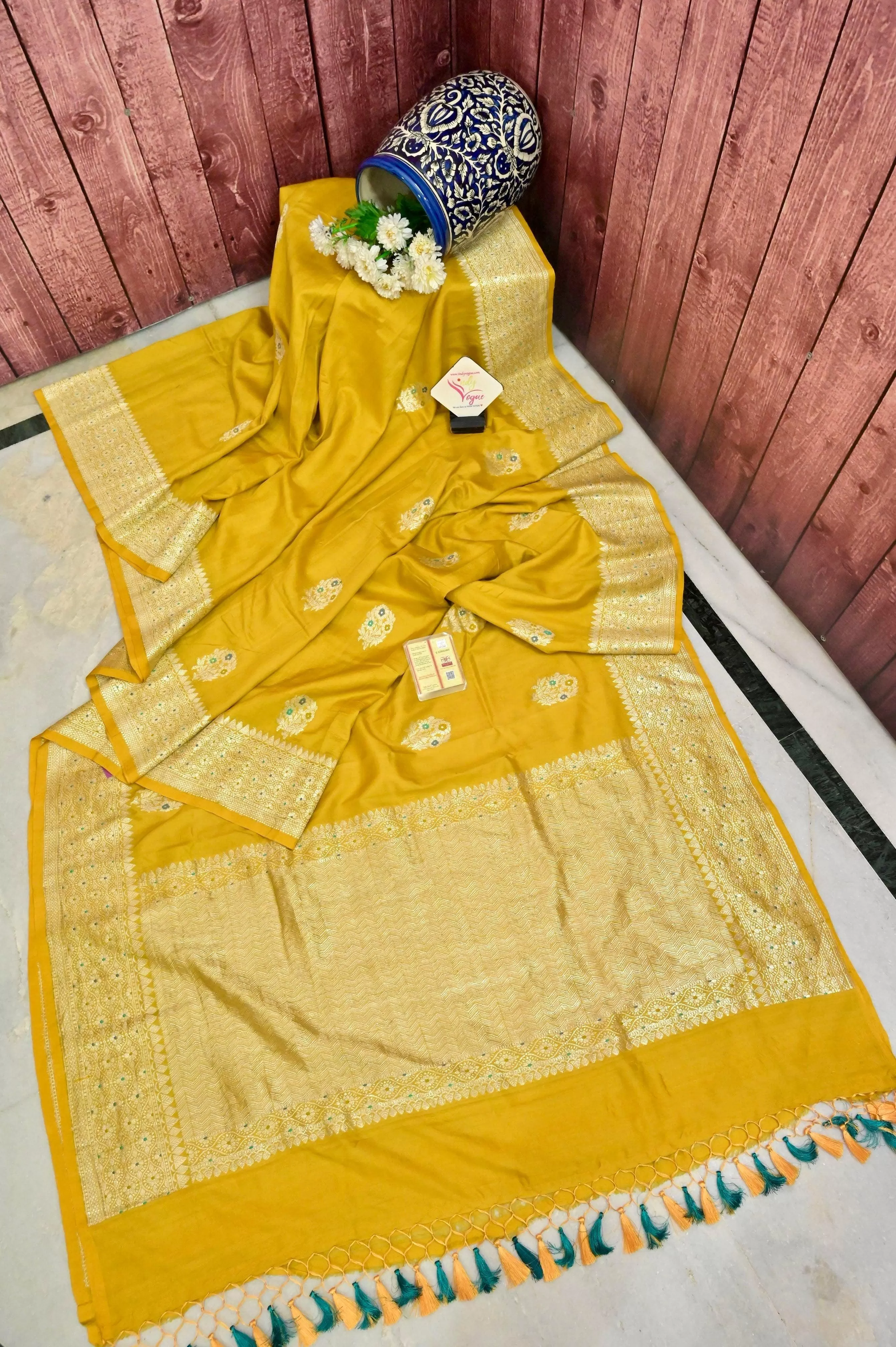 Amber Yellow Color Tussar Georgette Banarasi Saree with Meenakari Buta Work