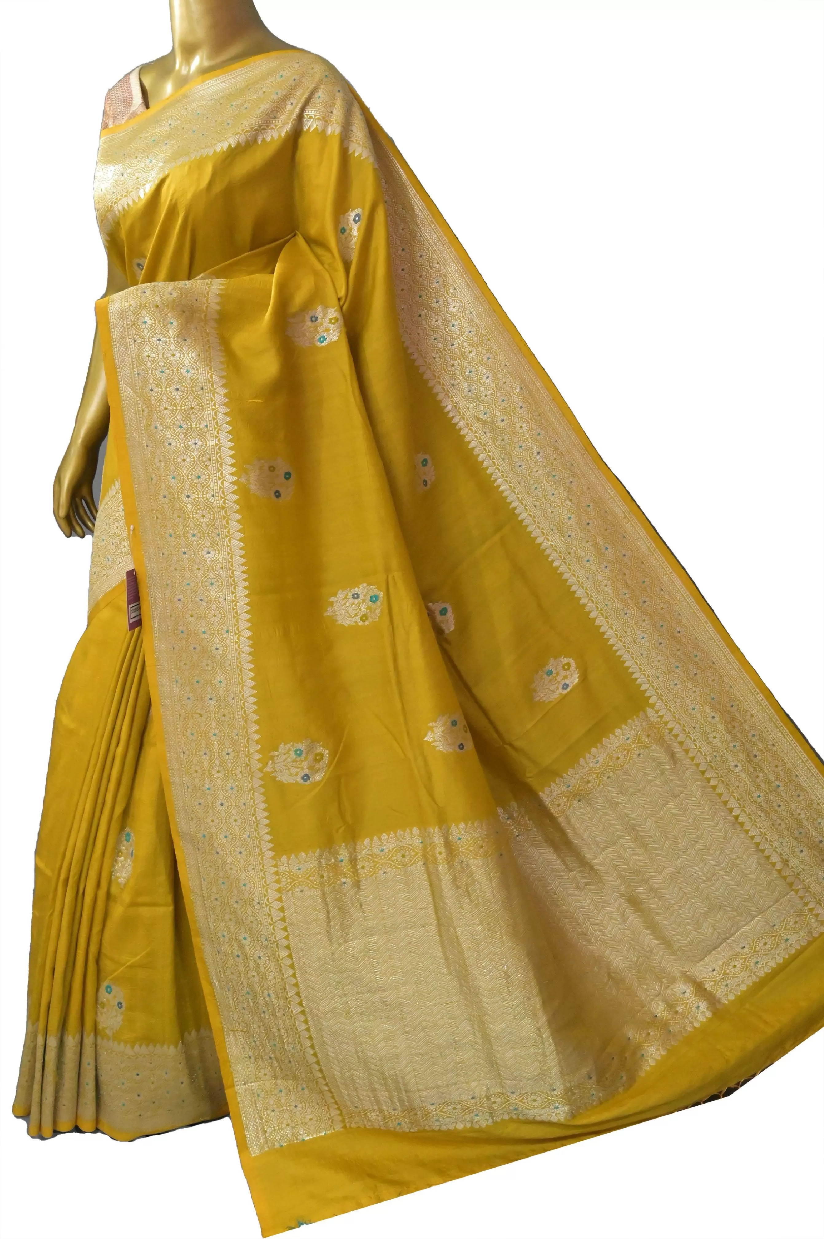 Amber Yellow Color Tussar Georgette Banarasi Saree with Meenakari Buta Work