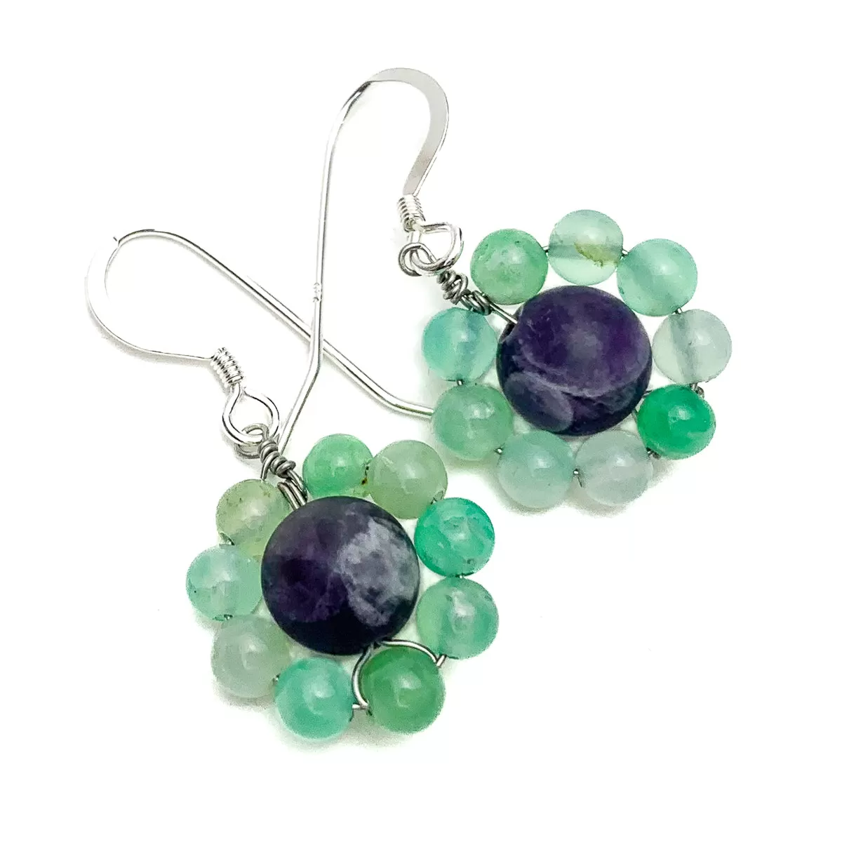 Amethyst & Chrysoprase Flower Earrings with Sterling Silver Ear Wires