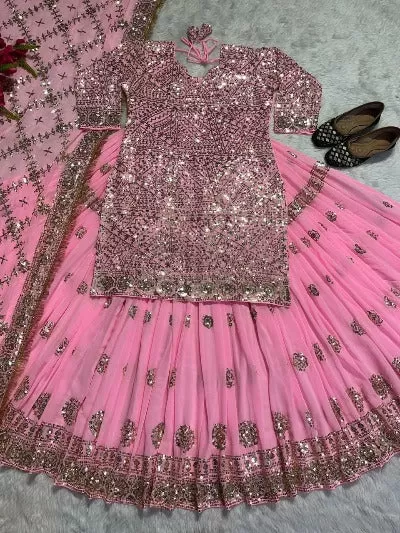 Baby Pink Georgette Sequence Work Stitched Lehenga Choli Set