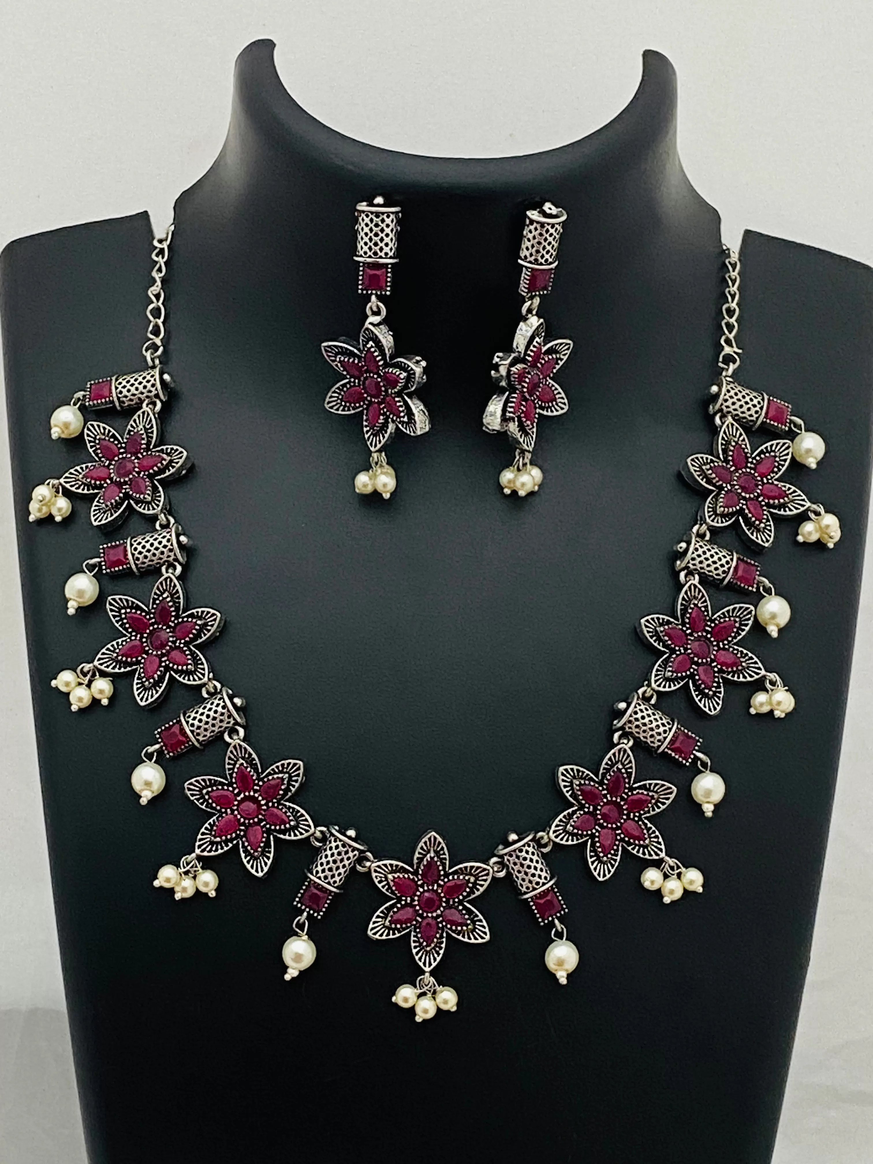 Beautiful Oxidized Flower Design Pearl Beaded Necklace With Earrings