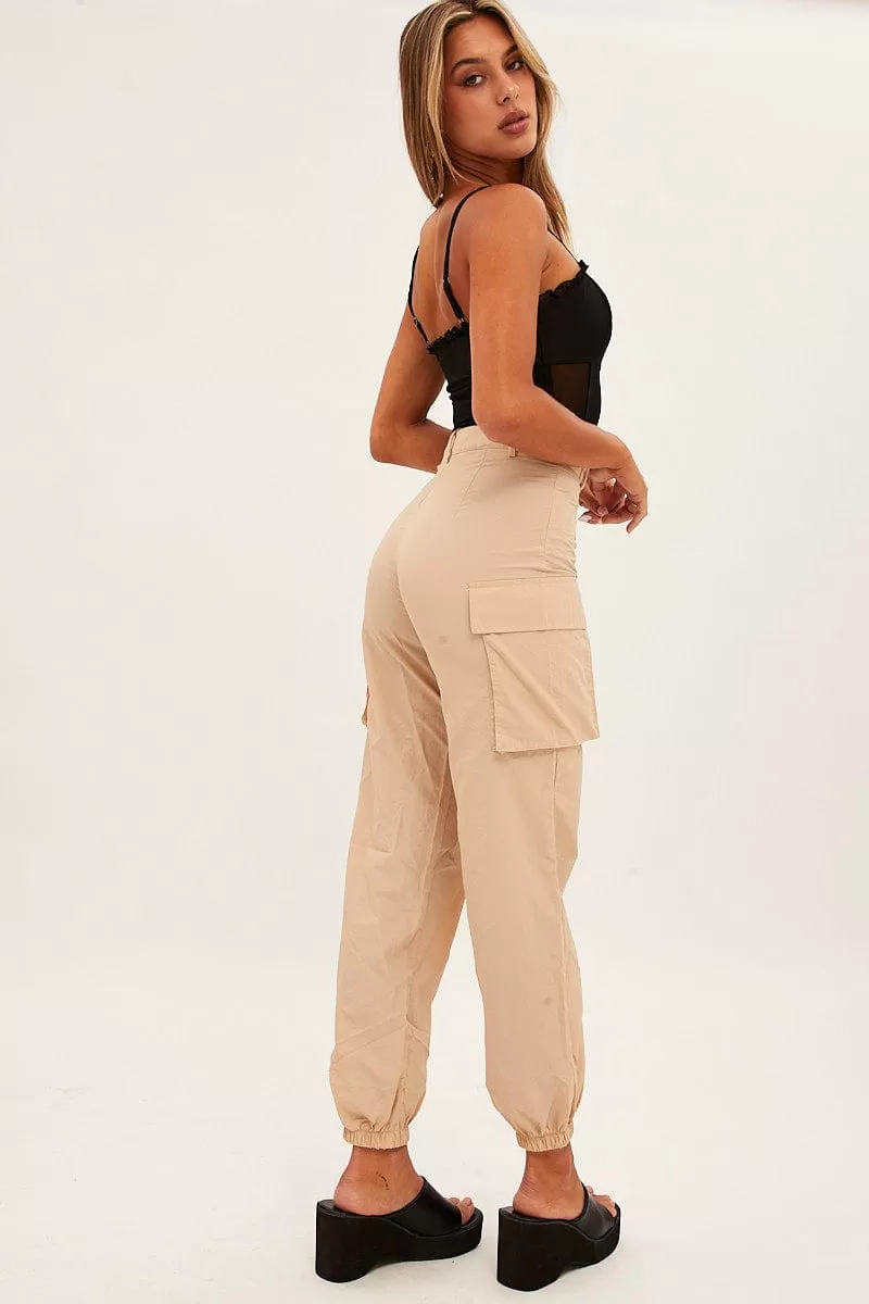 Beige High Rise Wide Leg Cargo Pants