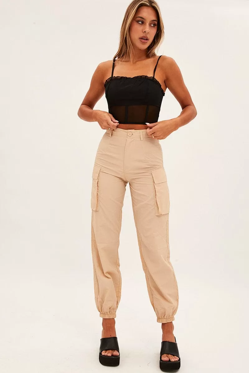 Beige High Rise Wide Leg Cargo Pants