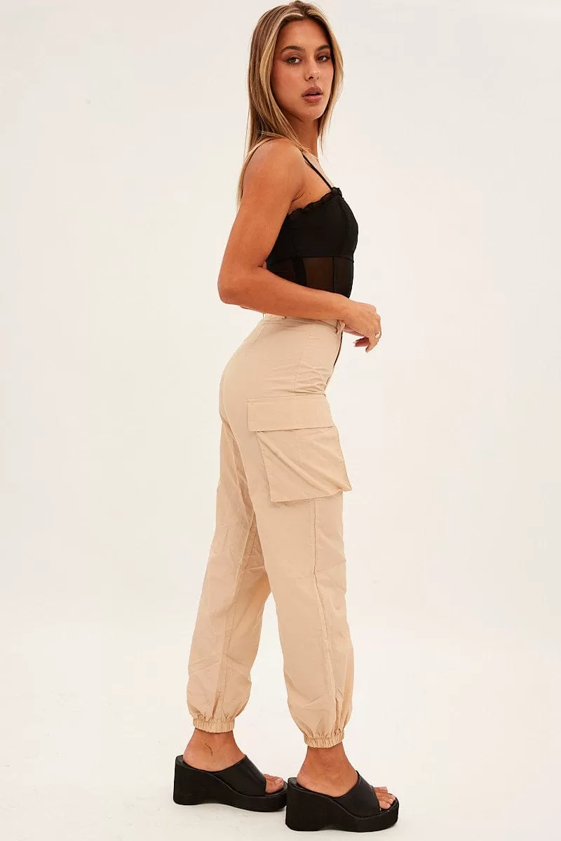 Beige High Rise Wide Leg Cargo Pants