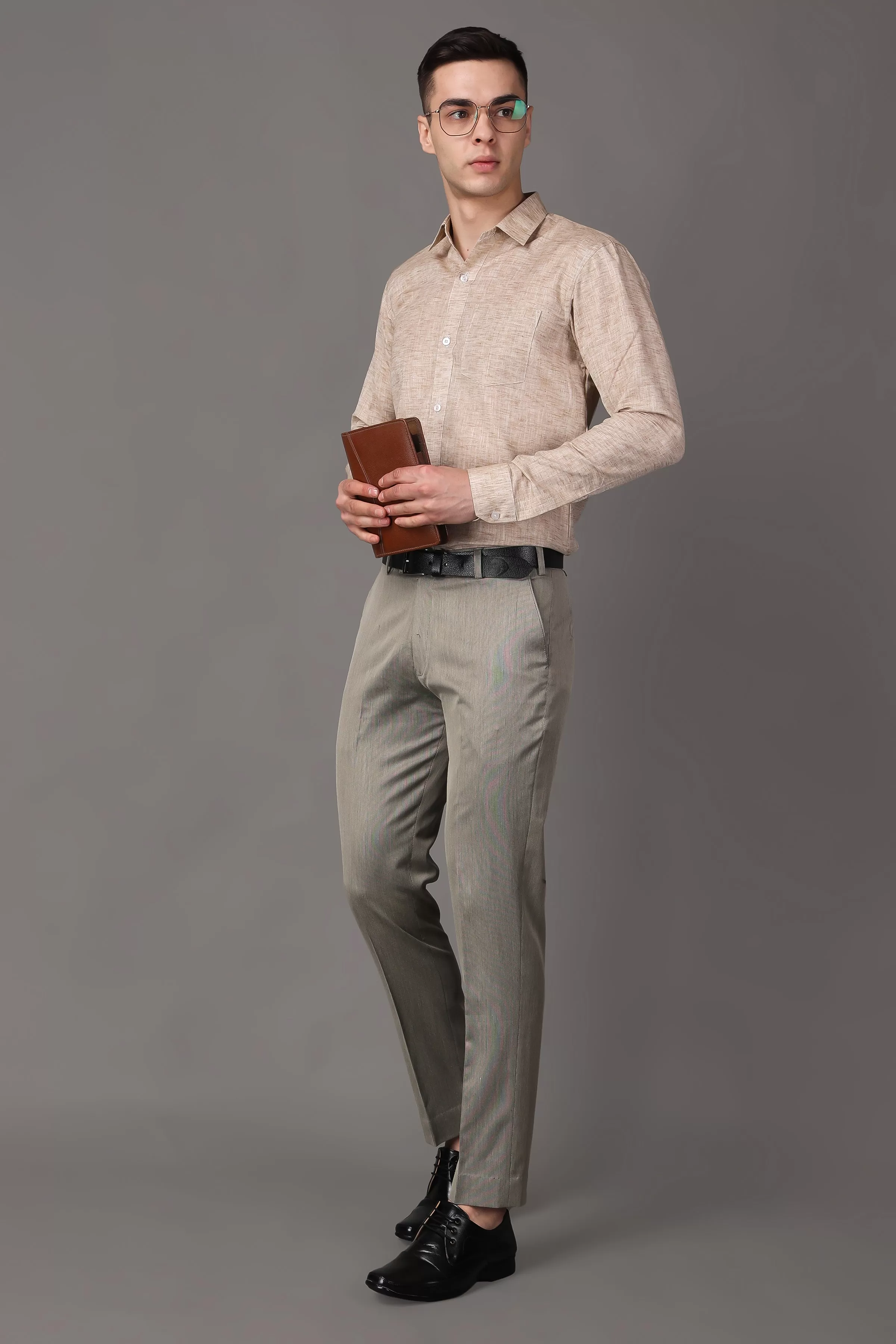 Beige Textured Stretch Trousers