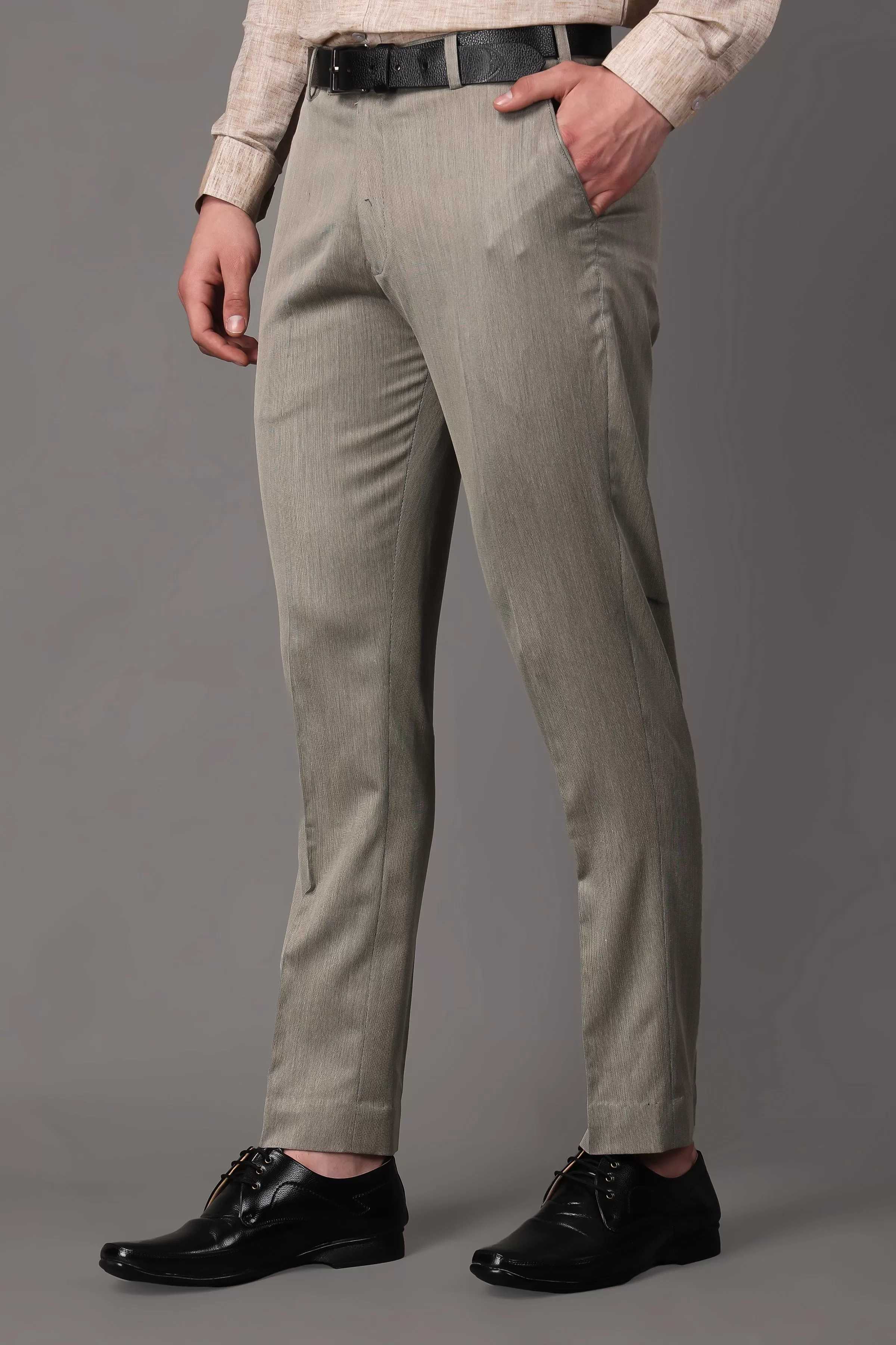 Beige Textured Stretch Trousers