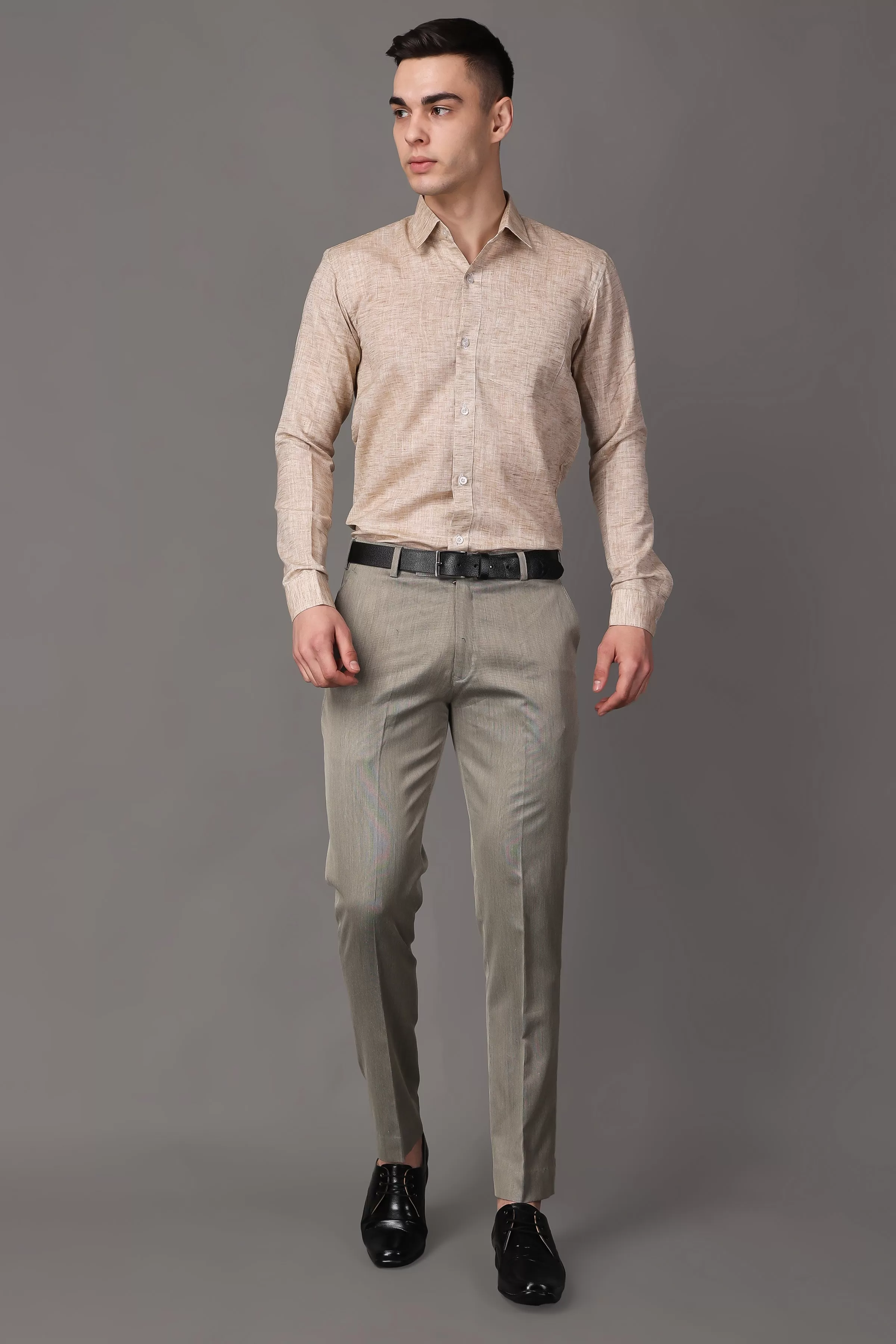 Beige Textured Stretch Trousers