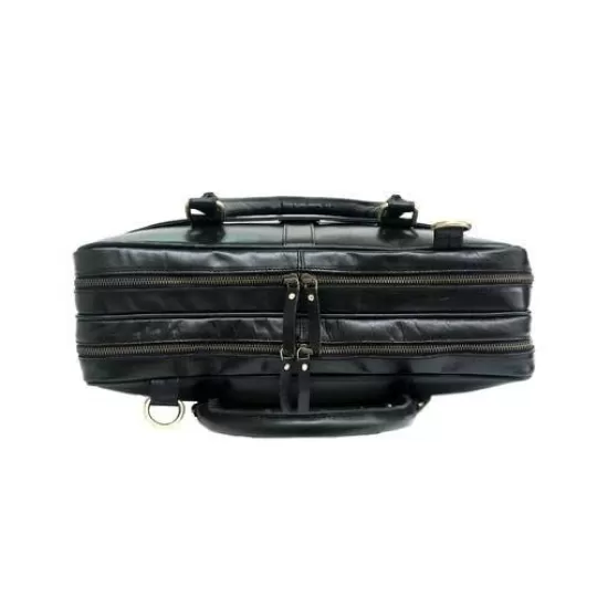 Black Leather Laptop Bag - Dual Zipper Compartment