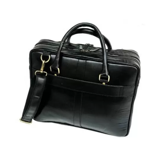 Black Leather Laptop Bag - Dual Zipper Compartment