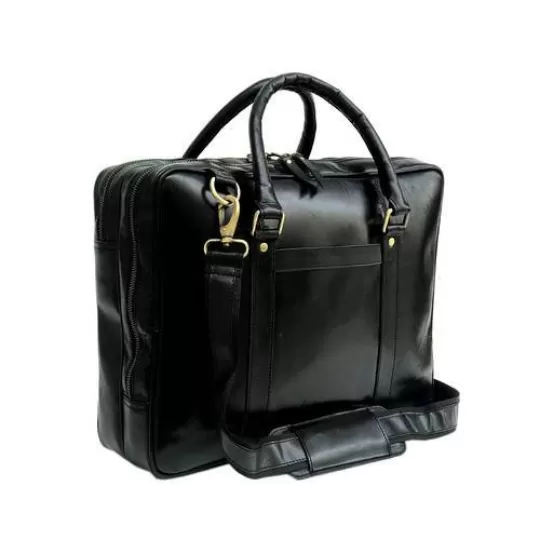 Black Leather Laptop Bag - Dual Zipper Compartment