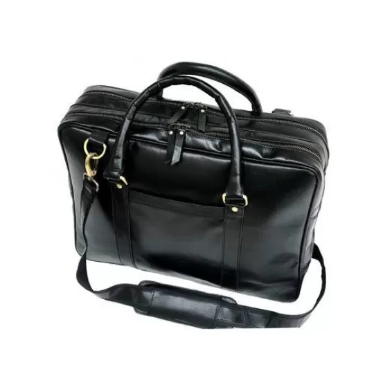 Black Leather Laptop Bag - Dual Zipper Compartment