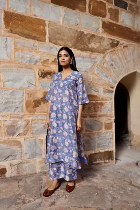 Blue flower print handblock chanderi pintucks kurta pant set