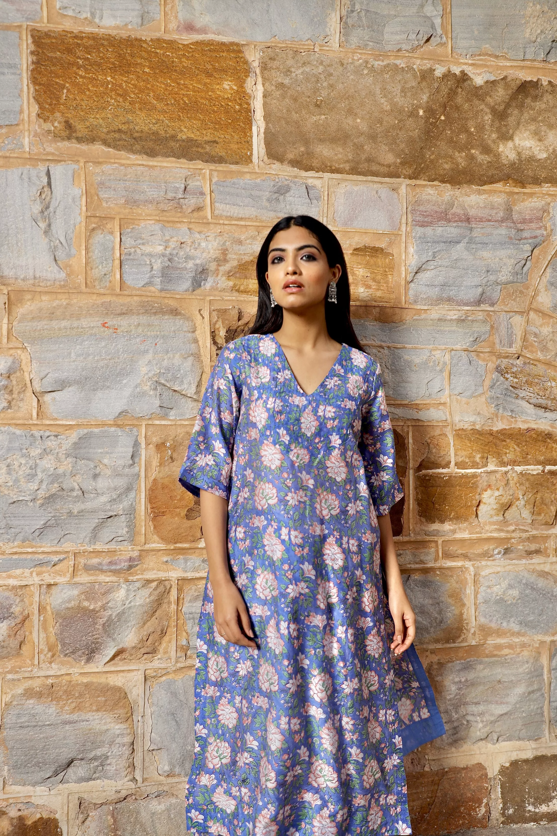 Blue flower print handblock chanderi pintucks kurta pant set