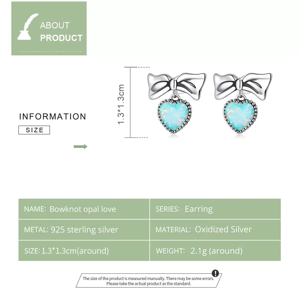 Bowknot Opal Love Heart Drop Earrings - 925 Sterling Silver