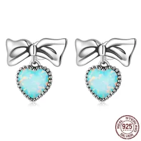 Bowknot Opal Love Heart Drop Earrings - 925 Sterling Silver