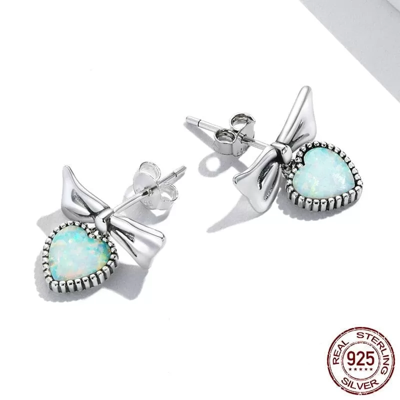 Bowknot Opal Love Heart Drop Earrings - 925 Sterling Silver