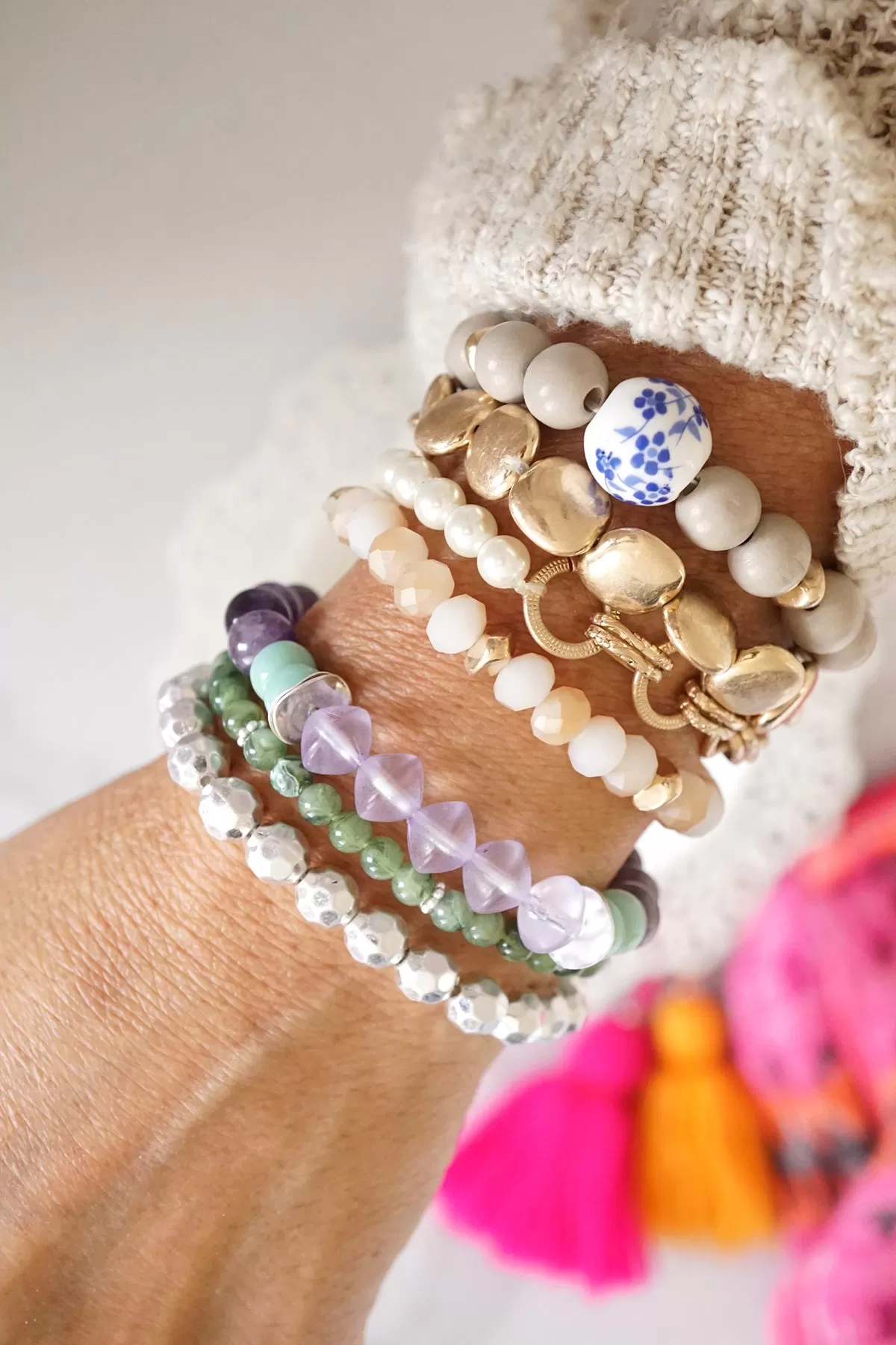 Bracelet Stack of 3 pieces Purple Green Acrylic Glass and Silver tone beads