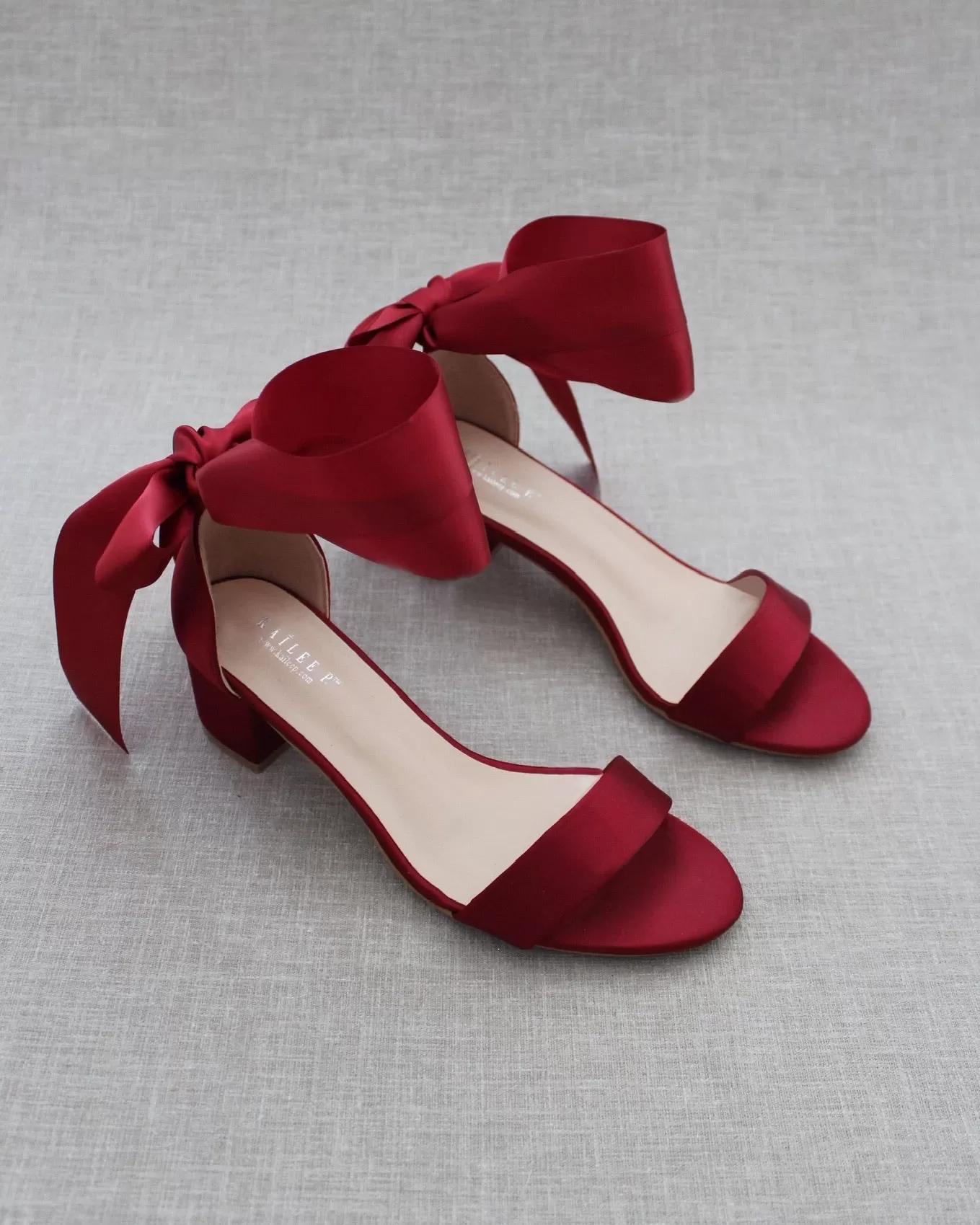 Burgundy Satin Block Heel Sandal with Wrapped Satin Tie