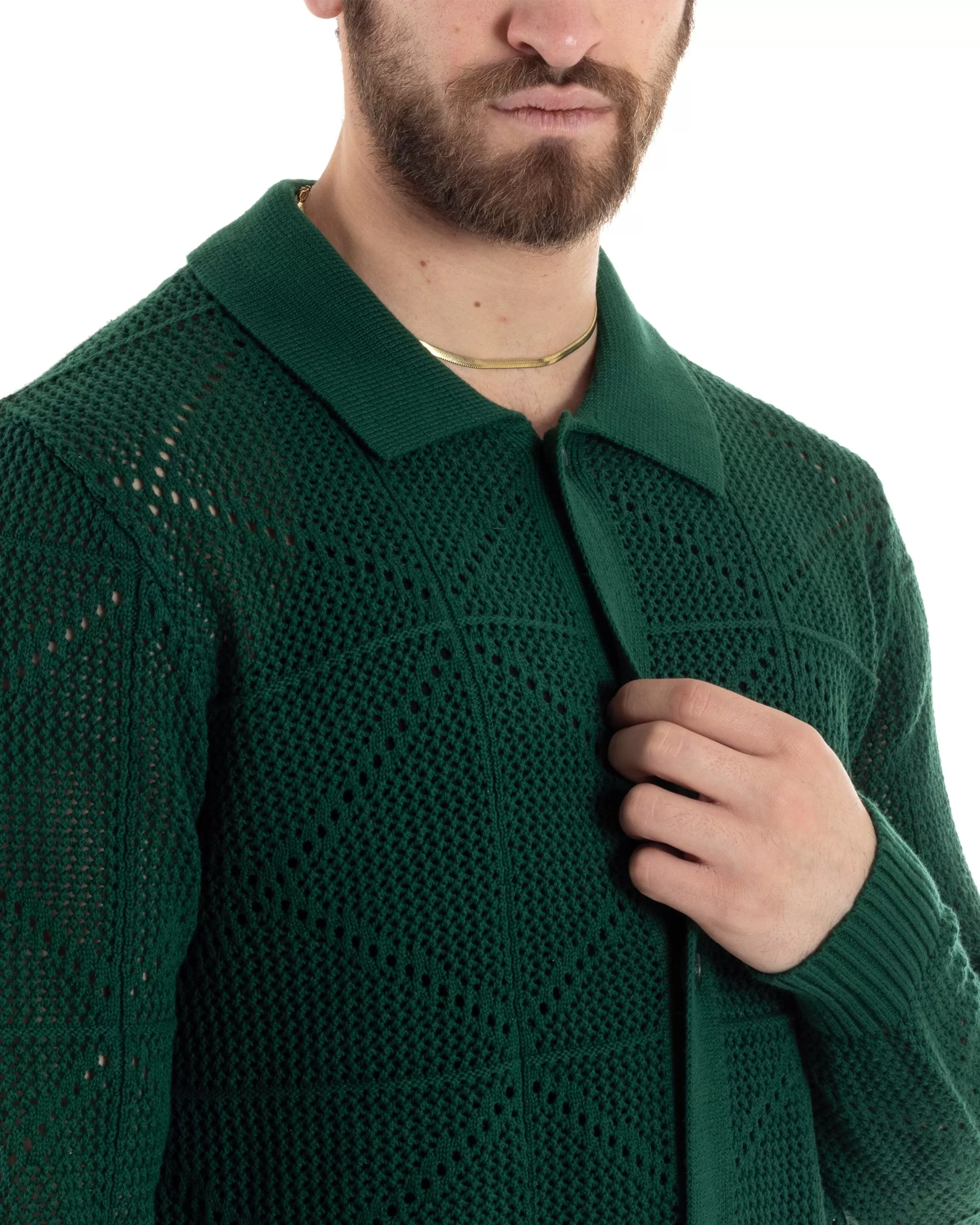 Cardigan Uomo Con Colletto Maglioncino Traforato Maglia Polo Bucata Giacca Con Bottoni Verde Casual GIOSAL-M2806A