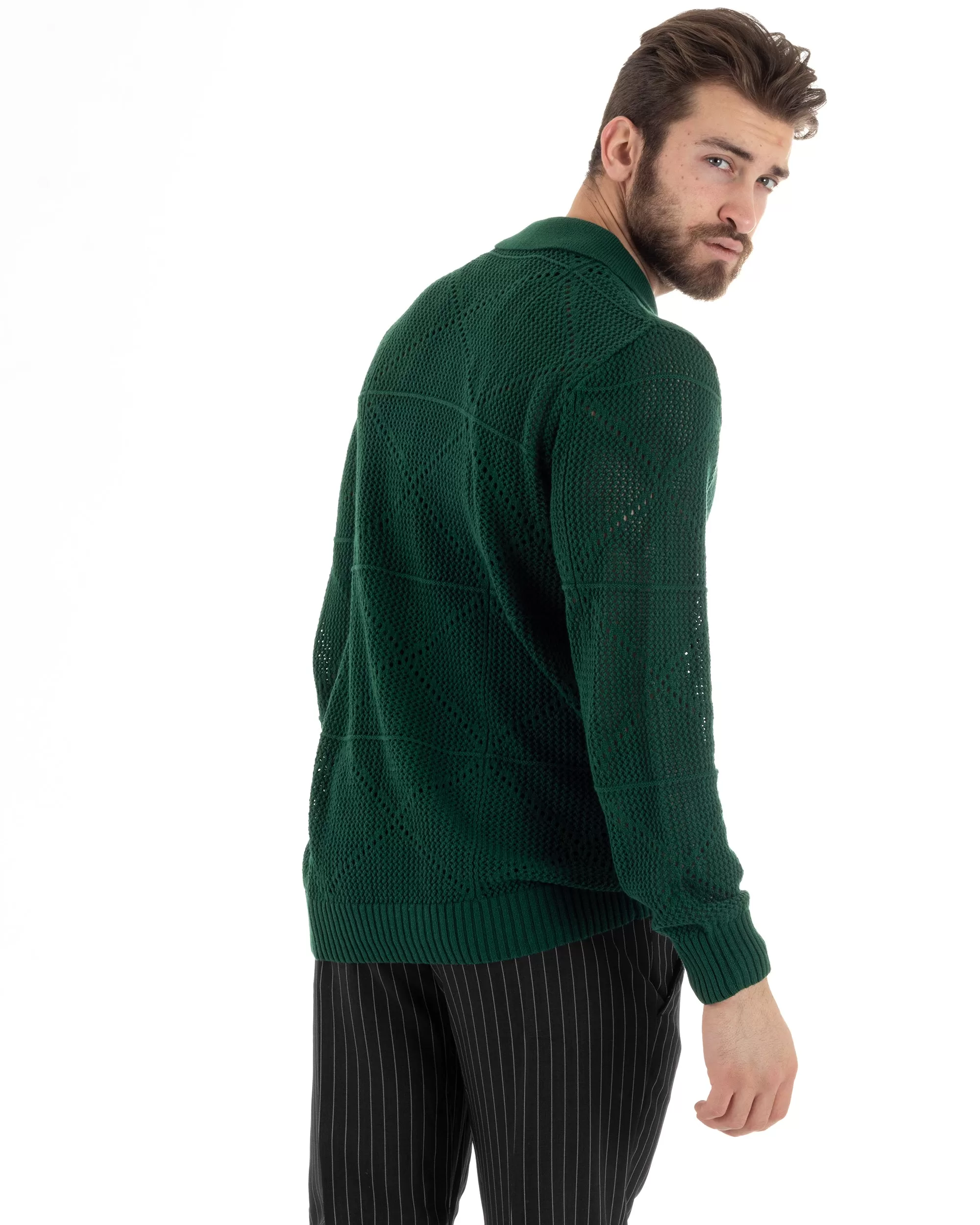 Cardigan Uomo Con Colletto Maglioncino Traforato Maglia Polo Bucata Giacca Con Bottoni Verde Casual GIOSAL-M2806A