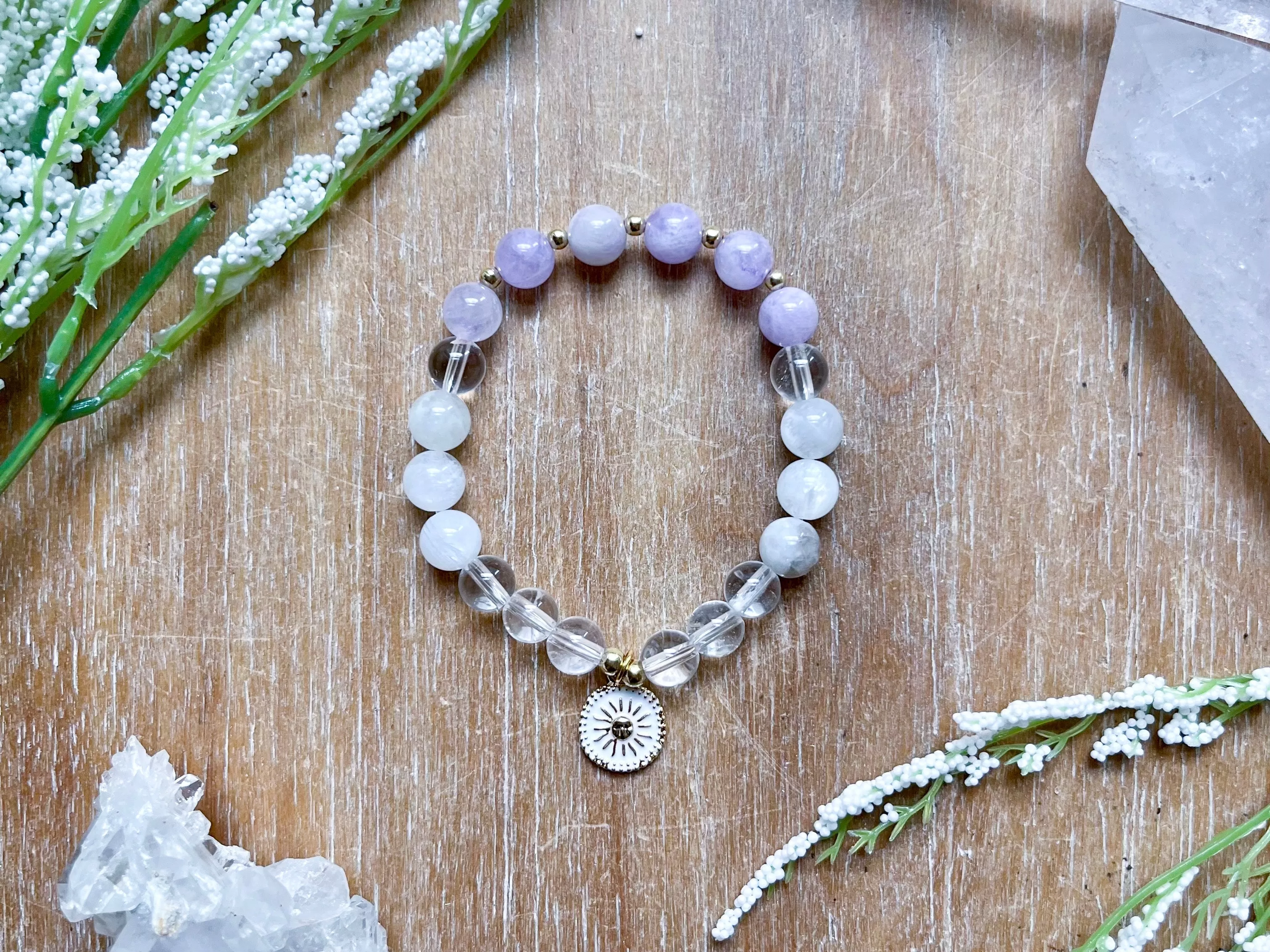 Cave Amethyst, Clear Quartz & Moonstone Sun Beaded Bracelet || Reiki Infused