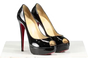 Christian Louboutin Black Patent Platform Peep Toe Heels UK 5 EU 38 👠