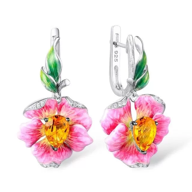 Citrine Flower Leaf Enamel Earrings - 925 Sterling Silver