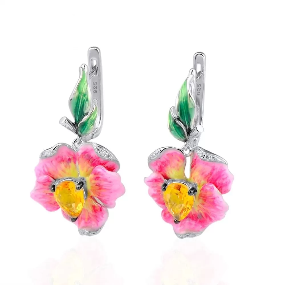 Citrine Flower Leaf Enamel Earrings - 925 Sterling Silver