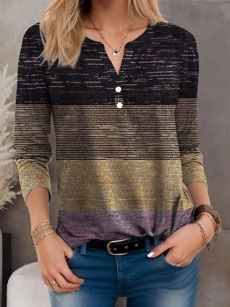 Color Block Women's T-shirt Henley Shirt with Long Sleeve V Neck