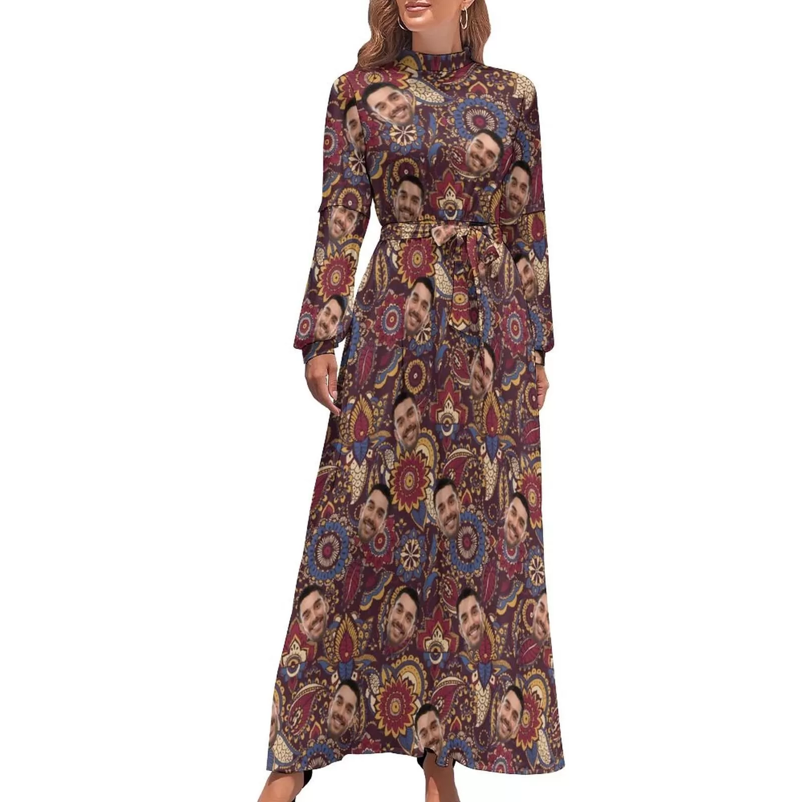 Custom Face Red Flower Women's Long Sleeve Maxi Dress