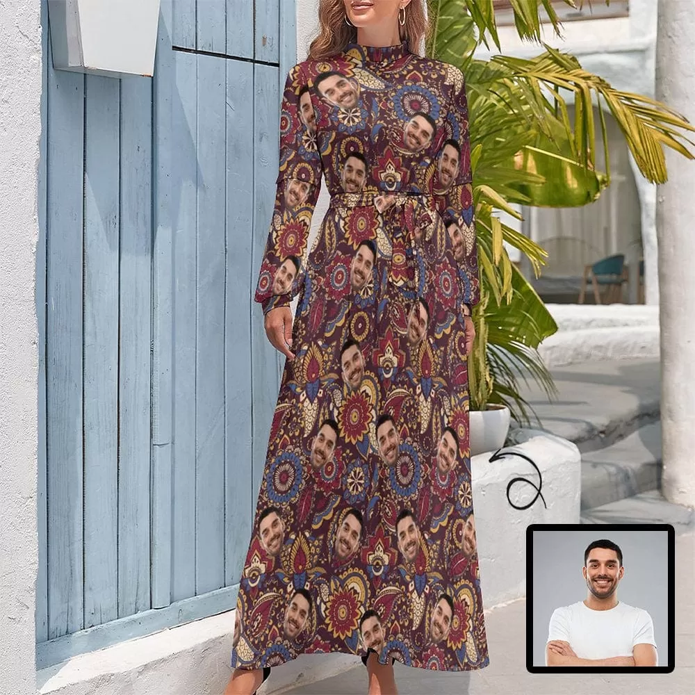 Custom Face Red Flower Women's Long Sleeve Maxi Dress