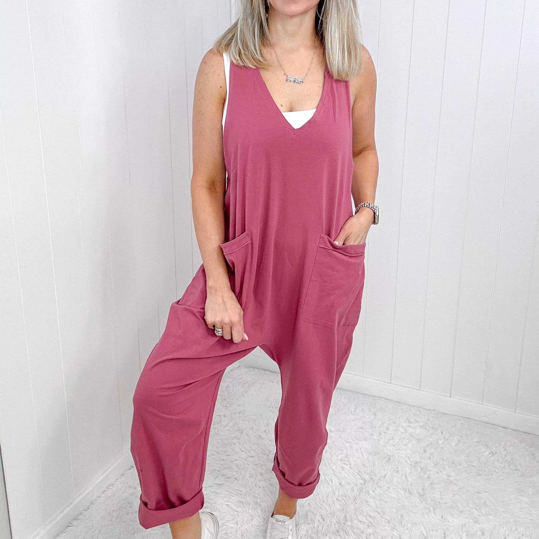 Dark Rose Plunge Sleeveless Jumpsuit with Pockets