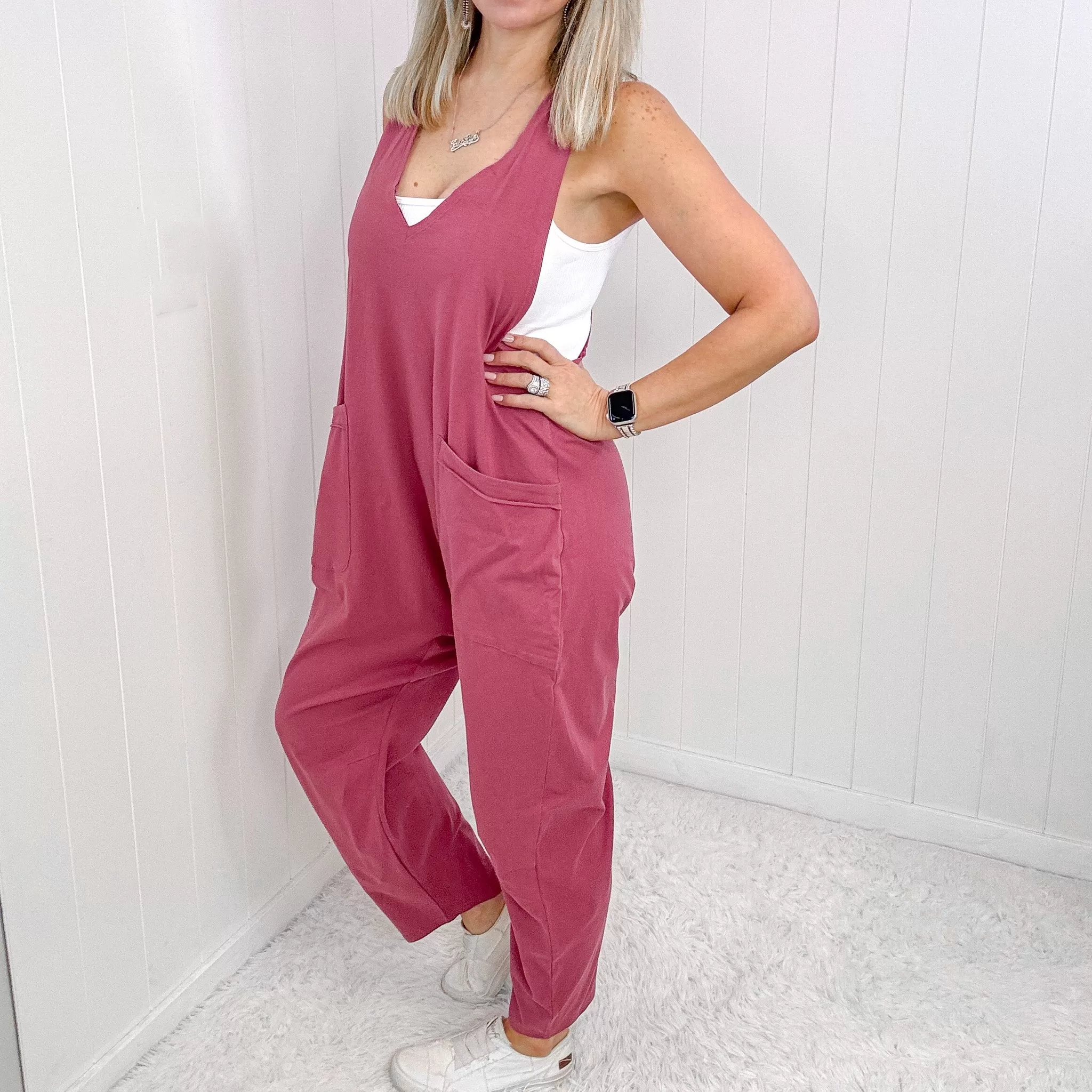 Dark Rose Plunge Sleeveless Jumpsuit with Pockets