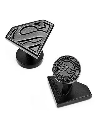 DC Comics Satin Black Superman Shield Cufflinks - DC Comics Logo Bottom