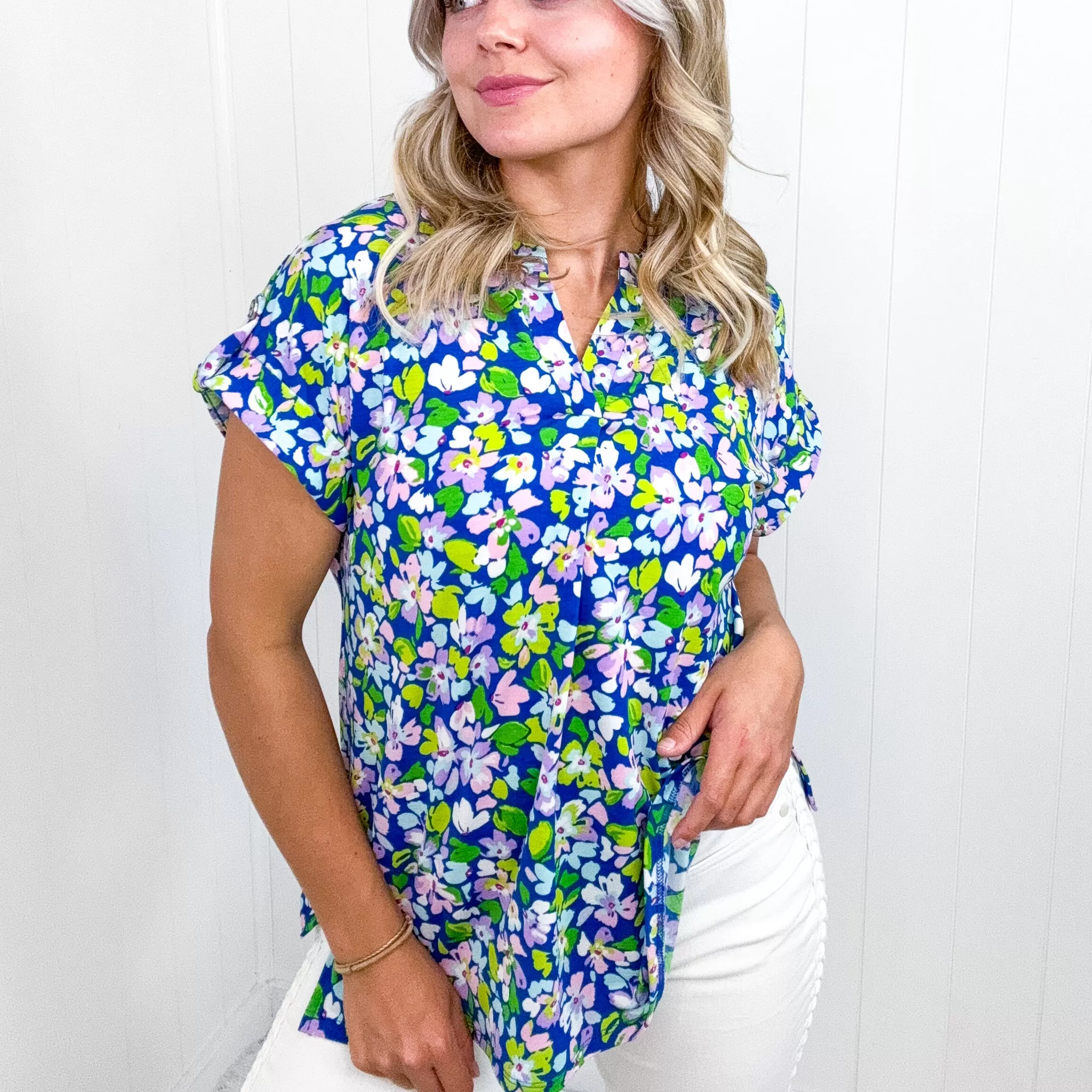 Dear Scarlett Lizzy Cap Sleeve Top in Royal and Pink Wildflower