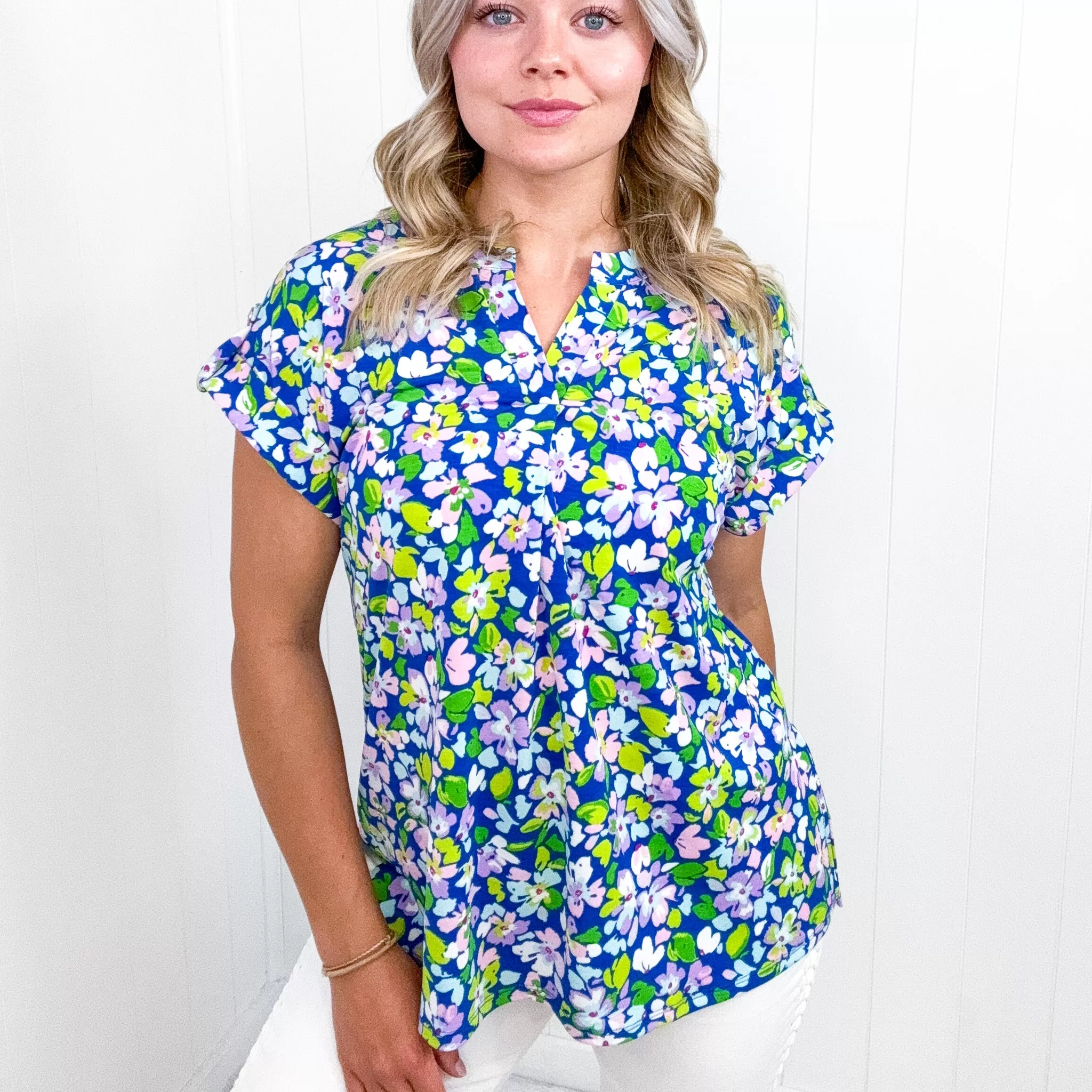 Dear Scarlett Lizzy Cap Sleeve Top in Royal and Pink Wildflower