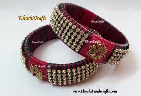 Designer Silk thread Kada Bangles in Pink and green