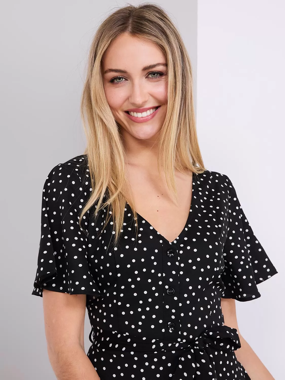 Dot Print V-Neck Fit & Flare Dress