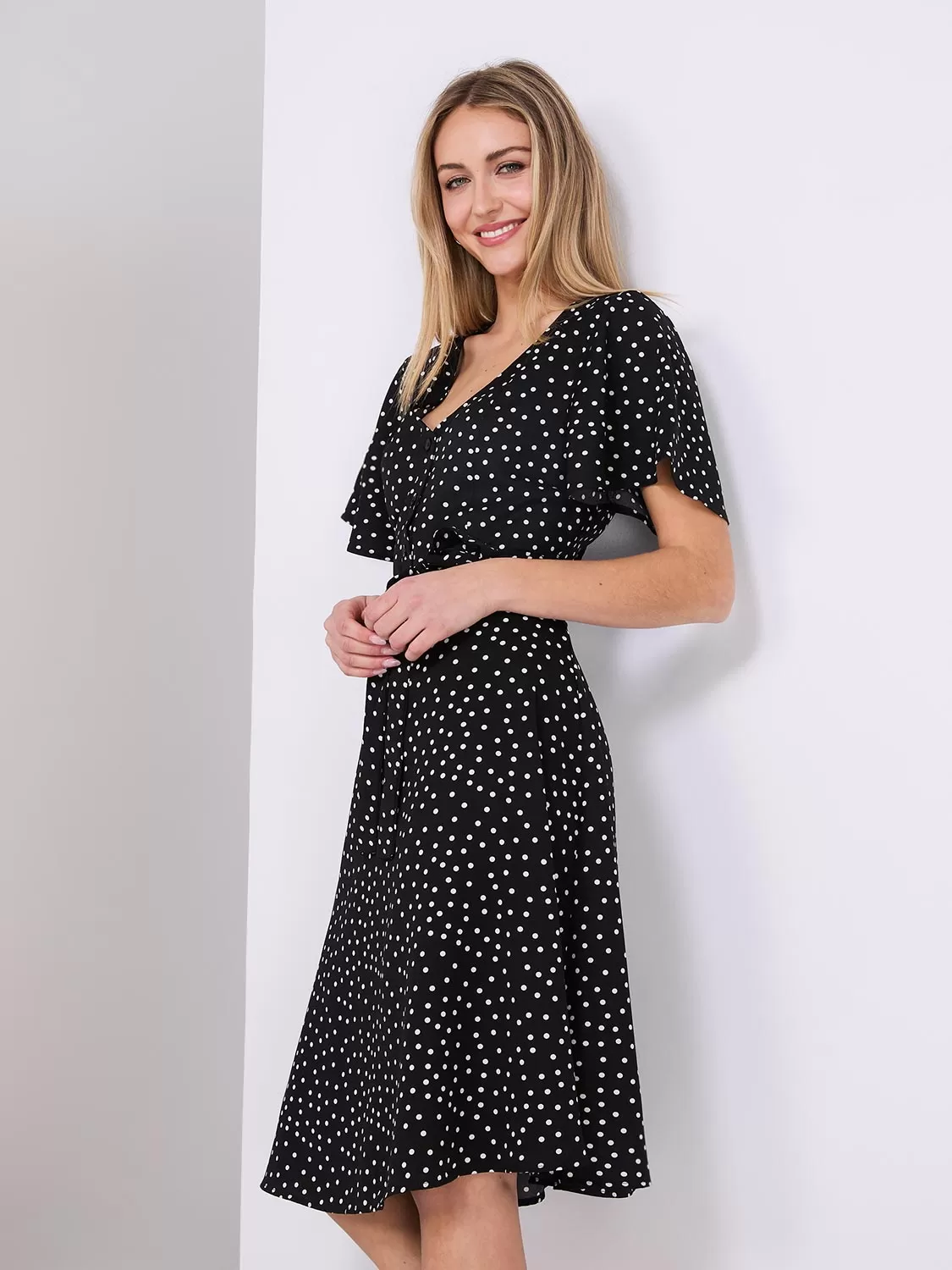 Dot Print V-Neck Fit & Flare Dress