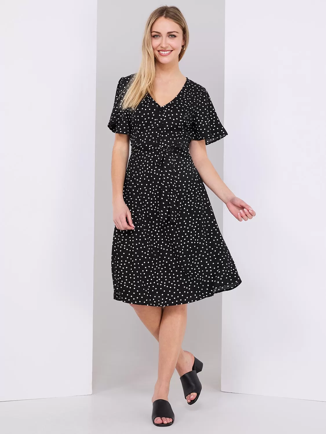 Dot Print V-Neck Fit & Flare Dress