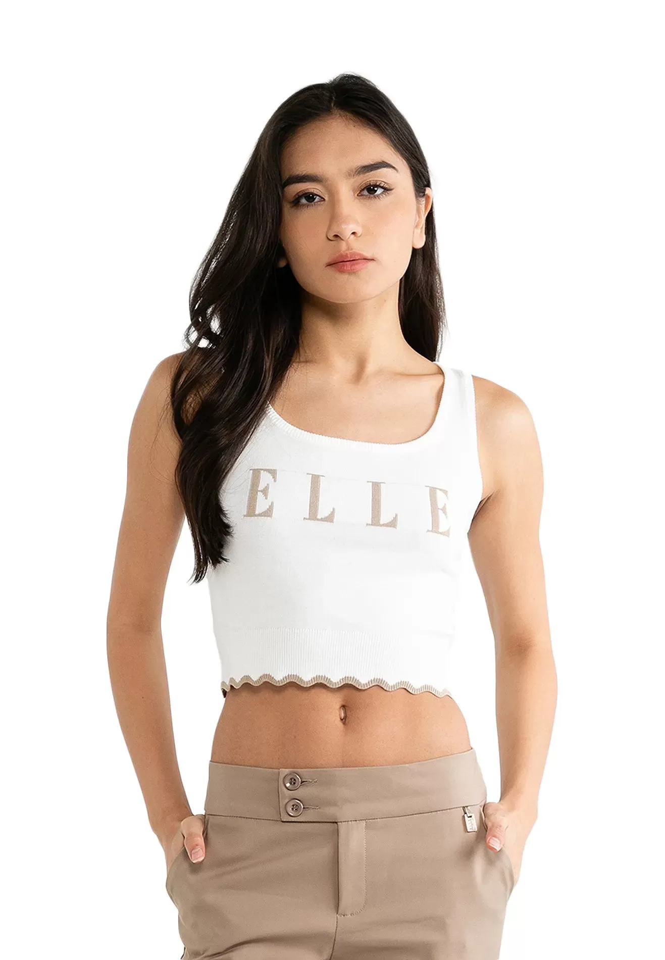 ELLE Leisure Wave Trim Logo Knitted Crop Top