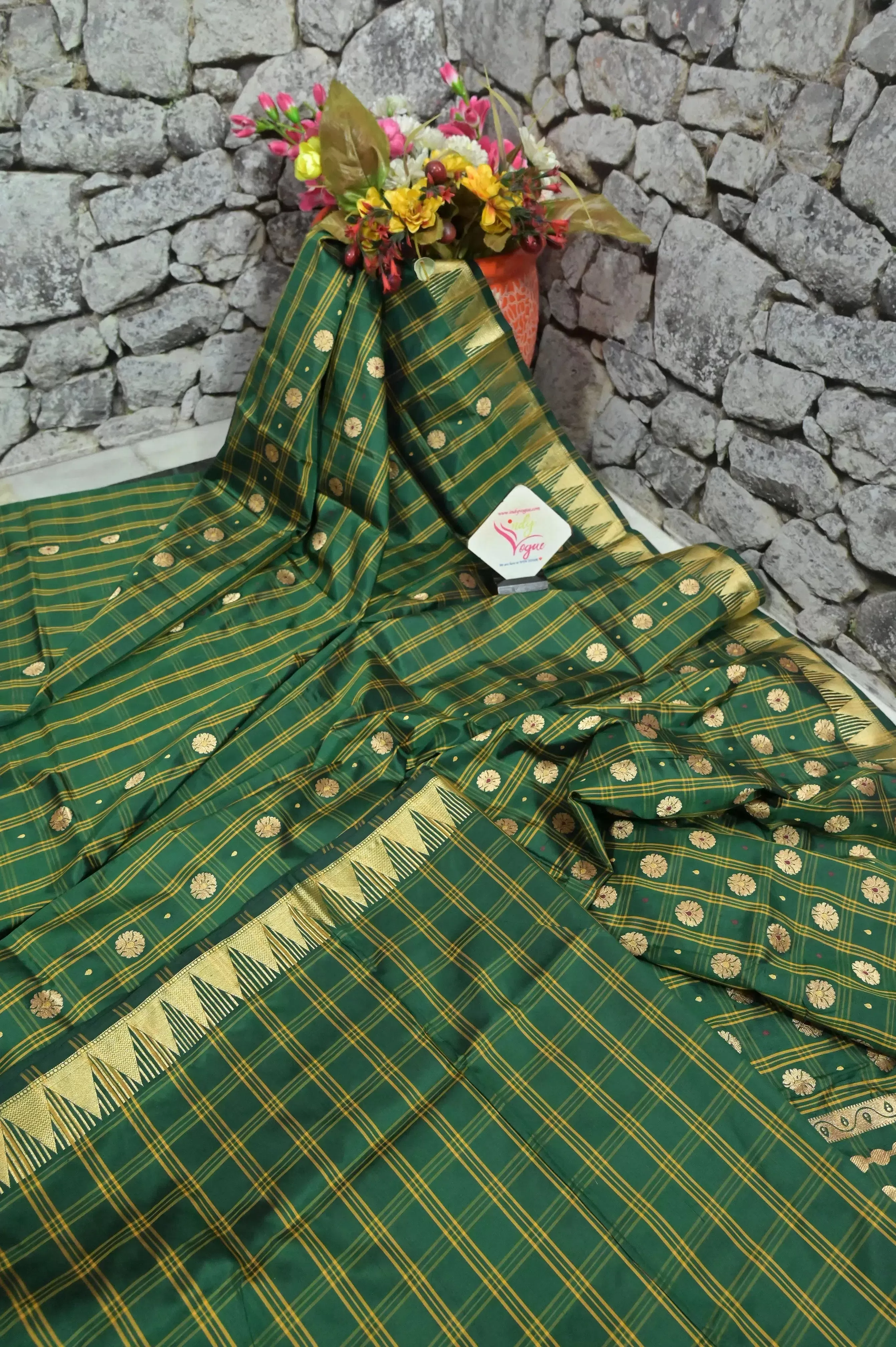 Emerald Green Color Pure Katan Banarasi Saree with Allover Checks and Meenakari Buti Work