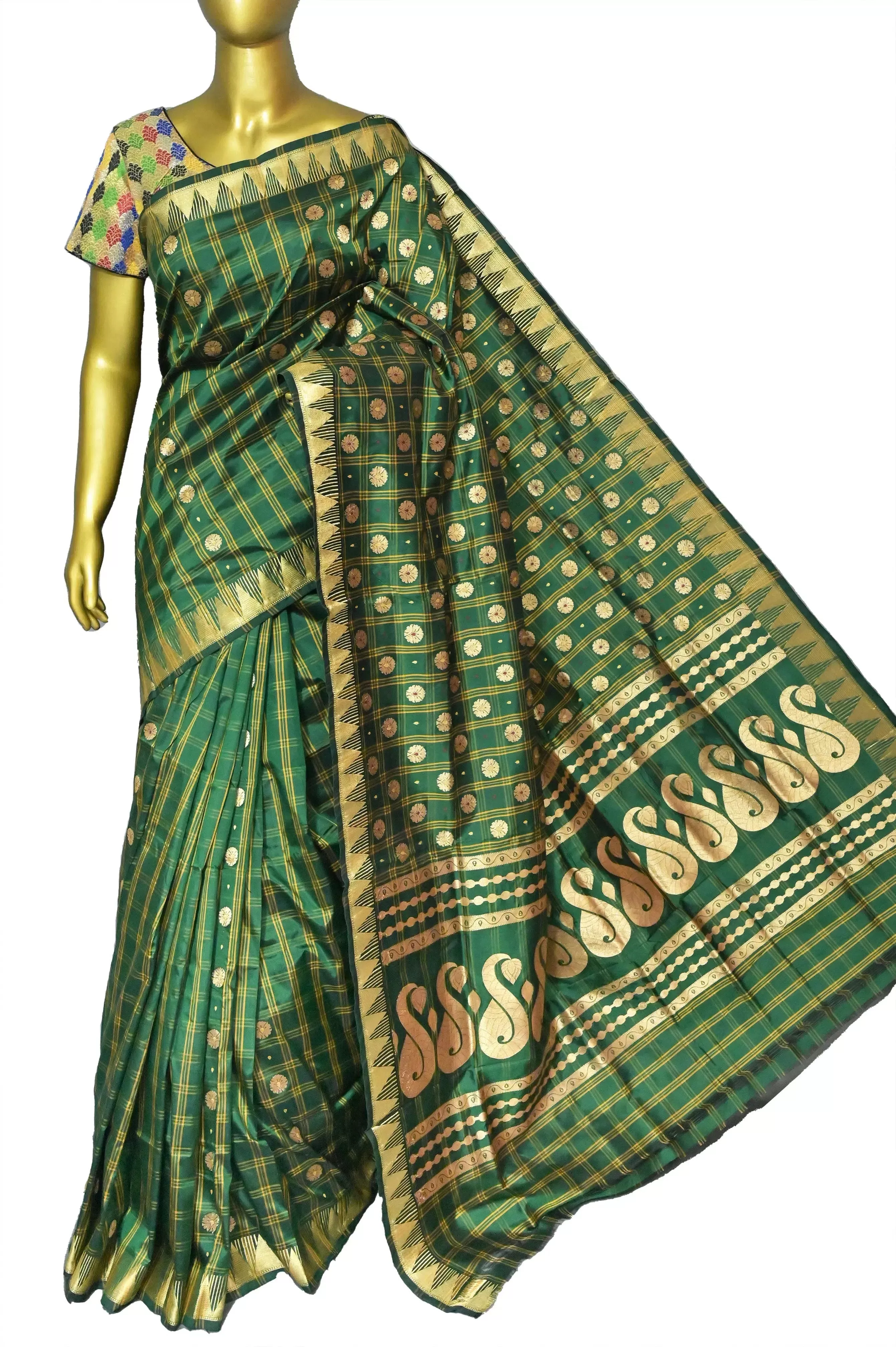 Emerald Green Color Pure Katan Banarasi Saree with Allover Checks and Meenakari Buti Work