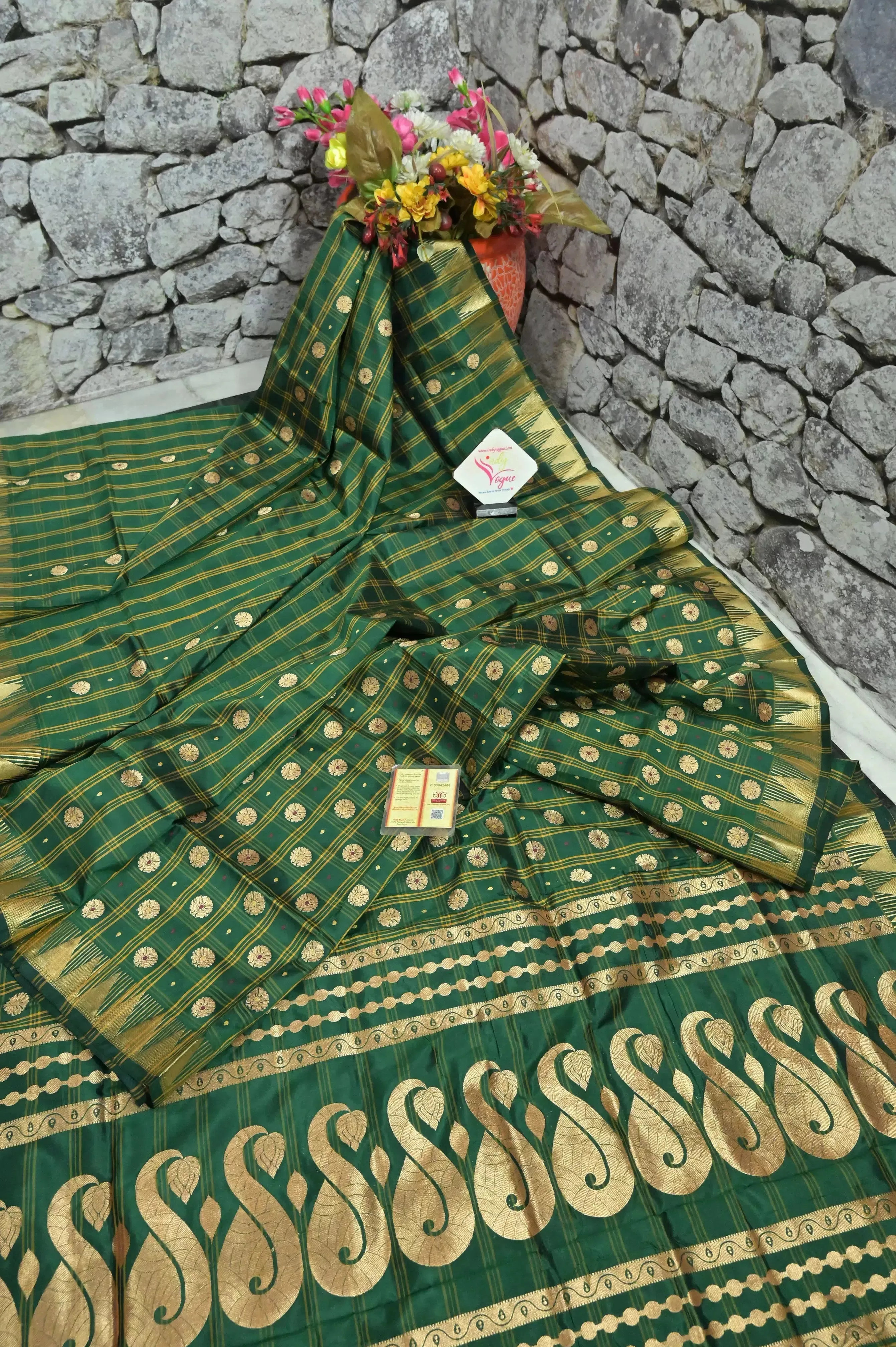 Emerald Green Color Pure Katan Banarasi Saree with Allover Checks and Meenakari Buti Work