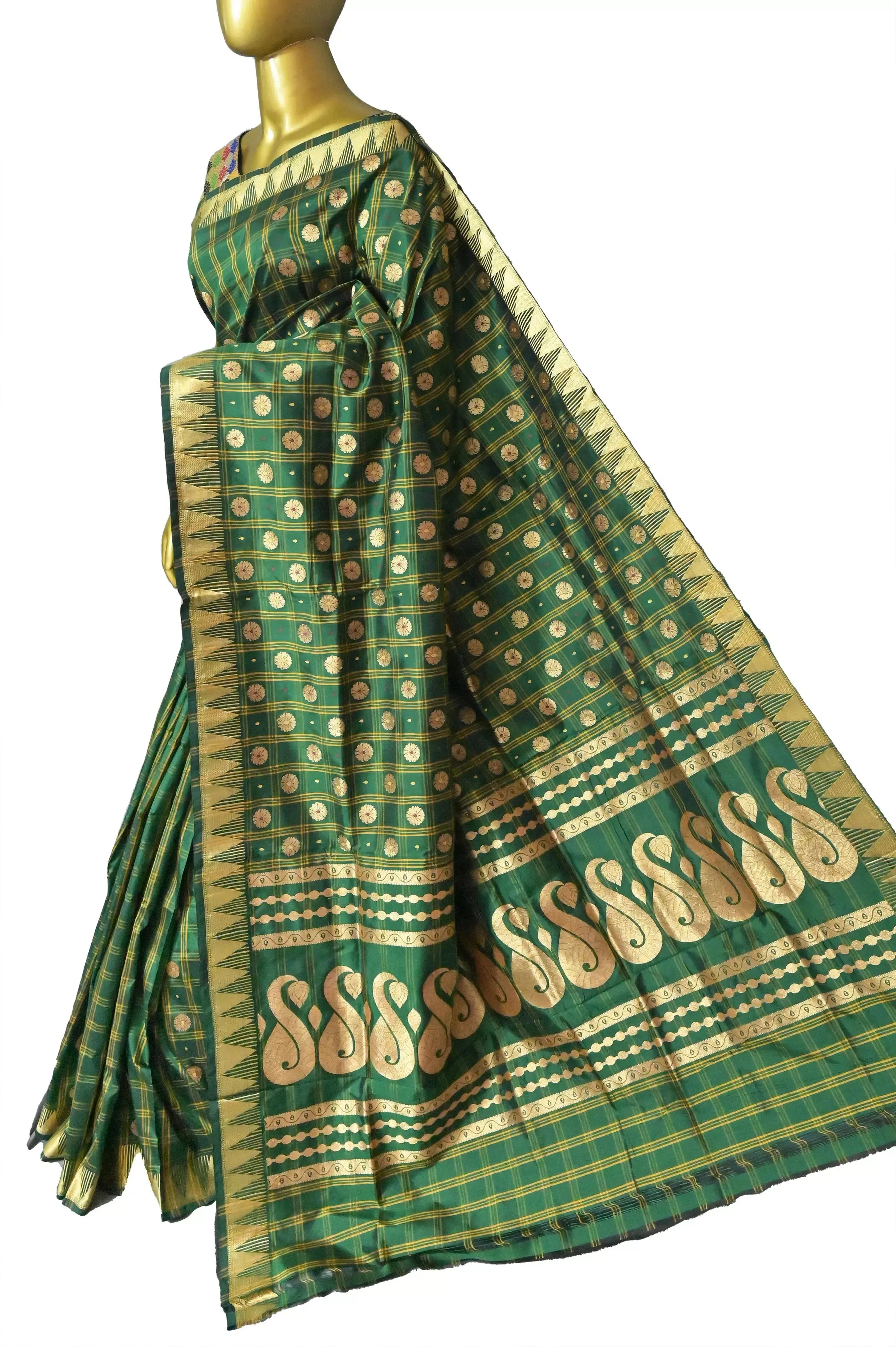 Emerald Green Color Pure Katan Banarasi Saree with Allover Checks and Meenakari Buti Work